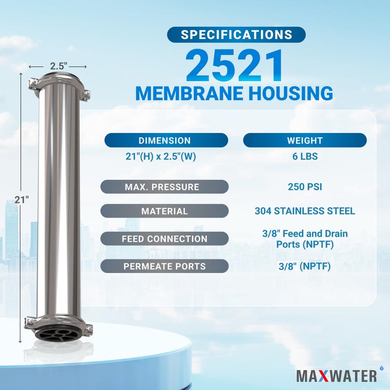 Max Water 2.5 x 21 RO Membrane Housing, Heavy Duty 304 Stainless Steel Pressure Vessel, 2521 Commercial Reverse Osmosis, 250 PSI, 3/8" NPTF Ports, With Complete Installation Set - Image 2